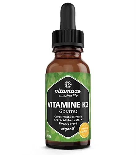 Vitamina K2 Gocce, ad Alta Dose di Vitamina K2 per Giorno, MK-7 Menachinone Vegano & Liquido (> 99% Forma Tutto Trans), 50ml (1700 Gocce), Elevata Biodisponibilità, Nessun Additivo Inutile