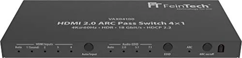 FeinTech VAX04100 HDMI 2.0 ARC Pass Switch 4x1, für 3 HDMI-Quellen, Soundbar und TV Beamer 4K HDR Dolby Atmos