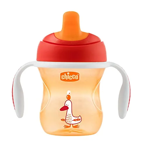 Chicco Training Cup, 1 Bicchiere Antigoccia Bambini 200 ml, Una Tazza 6+ Mesi per Imparare a Bere, con Beccuccio Ergonomico Semi-Soft, Valvola e Manici Rimovibili - Verde/arancione, Colori Assortiti