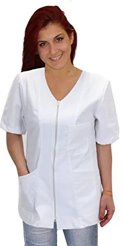 Casacca, Camici da Lavoro Donna con Zip,Bianco,Cotone, Estetista,parrucchiera, MAESTRA Asilo,Alimentari (l, Bianco)