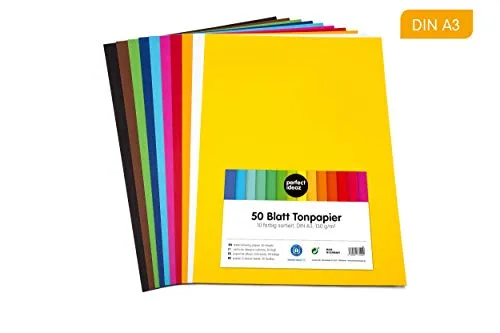 perfect ideaz 50 fogli Carta da zucchero colorati formato A3, colorazione integrale, Cartoncini in 10 diversi colori, spessore 130 g/m², fogli per bricolage di alta qualità