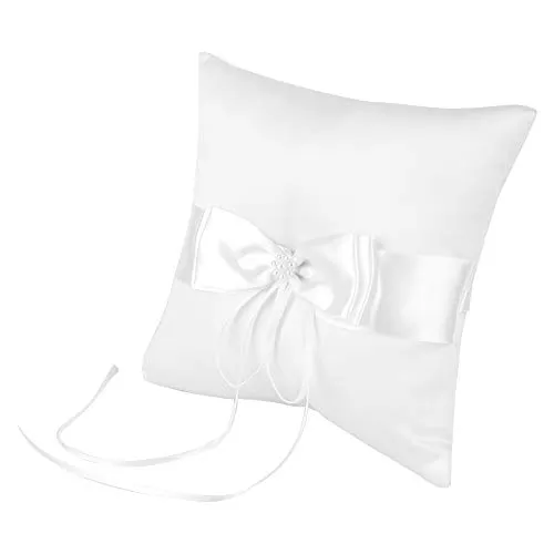 Cuscino per anello nuziale con portacandele bianco con anello bowknot con perla di simulazione per matrimonio (15 * 15cm)