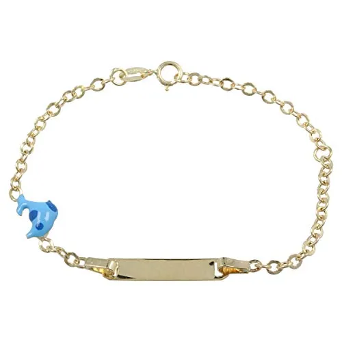 Gioiello Italiano - Bracciale in oro giallo con targhetta e delfino, unisex bambini, lunghezza 14cm (Azzurro)