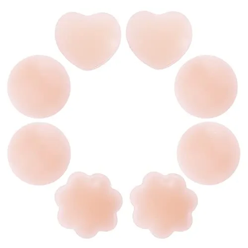 Rovtop 4 Paia Copricapezzoli Silicone - Regali: Sacchetto di Immagazzinaggio di Cotone, Riutilizzabile Copricapezzoli Adesivi (Forma di Cuore, Forma di Fiore, Forma di Circolo)