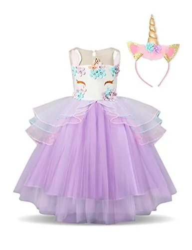 NNJXD Ragazza Unicorno Ruffles Fiori Festa Cosplay Abito da Sposa Vestito della Principessa + Copricapo di Dimensione Taglia (130) 5-6 Anni 372 Viola-A