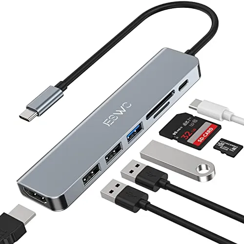 JESWO Hub USB C 7 in 1-HDMI 4K, USB 3.0 & 2.0, Lettore di Schede SD/TF, Ricarica PD 100W, Alluminio Adattatore USB C per MacBook Pro/Air, iPad Pro, dispositivi Dell XPS More Type C