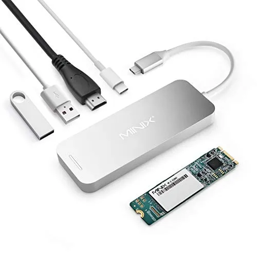 Minix NEO-S2SI Neo Storage USB-C Multiport SSD Storage Hub 240 GB, soluzione di storage portatile all-in-one progettata per Apple MacBook/Air/Pro, Argento