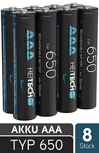 HEITECH 650 Pile ricaricabili AAA Micro - 8× NiMH Batteria ricaricabili con min. 550mAh e 1,2V - Batterie ricaricabili per dispositivi ad alto consumo energetico - ideali per telefono