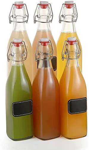 6 bottiglie di vetro con chiusura a leva, 500 ml, rettangolari, 6 etichette con penna e 6 guarnizioni extra
