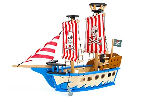 small foot 10469 Nave pirata "Jack" di legno, in colori vivaci, con bandiera pirata, vele e cannoni, a partire da 3 anni di età