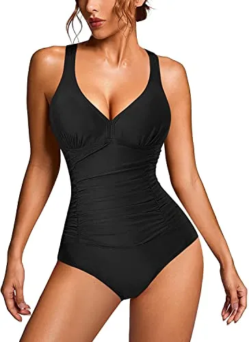 Donna Costume da Bagno Contenitivo Push Up a Vita Alta Costumi da Mare Elegante Scollo a V Bodysuit One Piece Monokini (L, Nero)