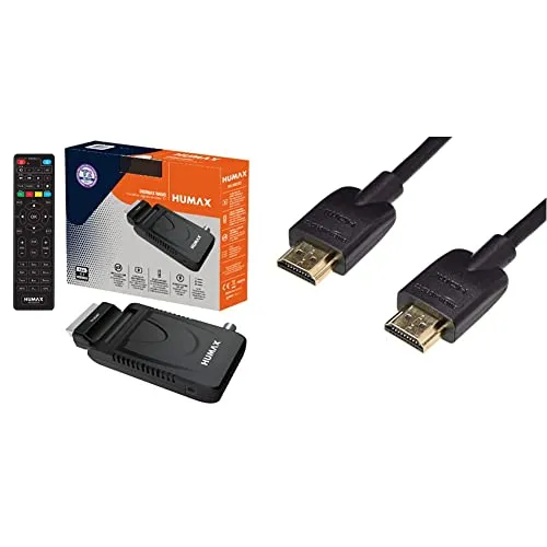 Humax Decoder digitale terrestre DVB-T2 HD-2023T2 Digimax Nano con telecomando 2 in 1 per controllare il TV & Amazon Basics, cavo HDMI, flessibile, 0,3 m