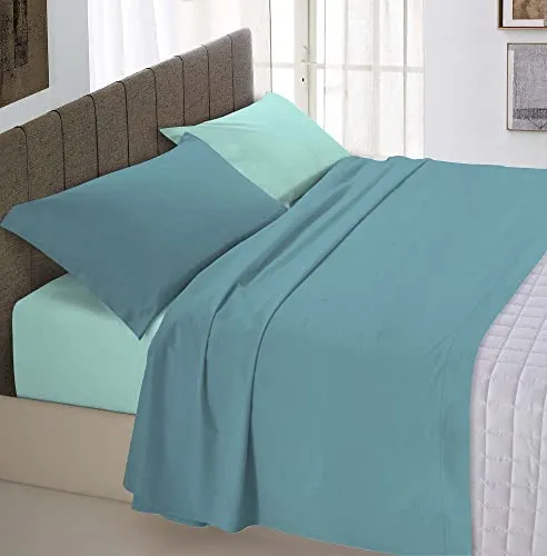 Italian Bed Linen Completo Letto Natural Color, 100% Cotone, Ottanio/Verde Acqua, Matrimoniale