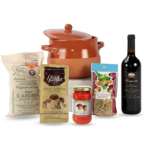 Cesti Natalizi Speciale Italia – Cesto Regalo Alimentare in Ceramica Zuppiera in Terracotta con Specialità Gastronomiche: Sugo Pronto, Funghi, Vino, Riso e Zuppa, 6 pezzi