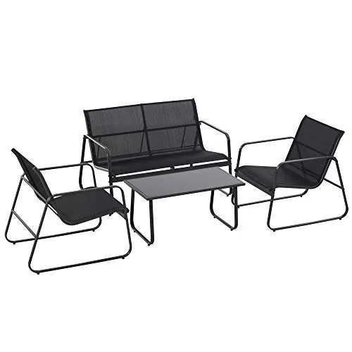 Outsunny Set Tavolino con Panchina e 2 Sedie da Giardino, Arredamento da Esterno in Metallo e Textilene, Nero