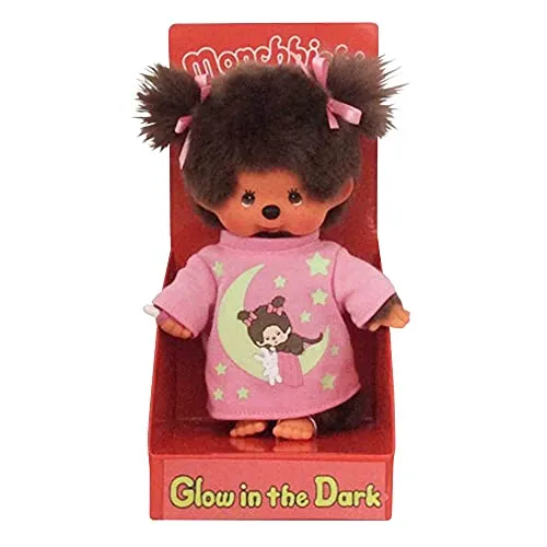 Sekiguchi 223732-Originale Ragazza Monchhichi, in Peluche, Camicia da Notte Rosa, Elementi Glow in The Dark e codini con Fiocchi, Alta Circa 20 cm, Colore Marrone, 0, 223732