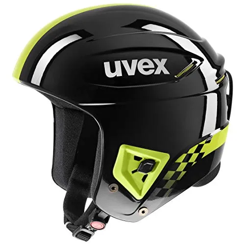 uvex race + , casco da sci robusto unisex, aerazione ottimizzata, ampliabile con mentoniera, black-lime, 60-61 cm