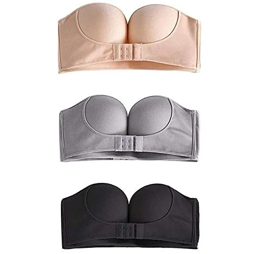 Yagerod Women Strapless Front Buckle Lift Bra, Custom Lift Invisible Anti-Slip Push Up Bra, Front Wing Shape Buckle Invisible Self Adhesive Bra Strapless Padded 3 Color 36/80C