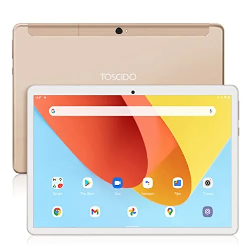 TOSCIDO Tablet 10 Pollici WiFi offerte Android 10 Tablets 4G LTE Tab HD,Octa-Core,Doppio SIM,4GB RAM e 64GB(Espandibile da 512 GB SD),Doppia fotocamera,Doppi altoparlanti,Bluetooth,GPS,Tipo-C – Gold