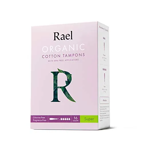 Rael Assorbenti interni in cotone organico con applicatori senza BPA, senza cloro (Super)(16 conteggi)(4 confezioni, totale 64 conteggi)