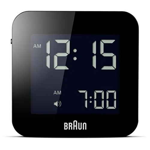 Orologio Sveglia da Viaggio Digitale Braun con Funzione Snooze, Dimensioni compatte, Display LCD Negativo, Funzione Quick Set, Segnale Acustico della Sveglia, Colore Nero, modello BNC008BK.