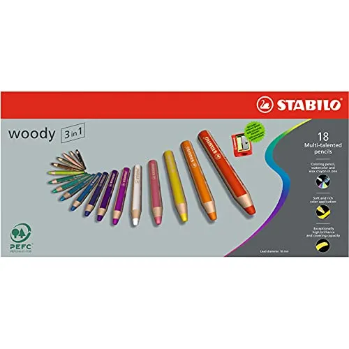 Matita colorata Multi-Funzione - STABILO woody 3 in 1 - Astuccio da 18 - con Temperino - Colori assortiti