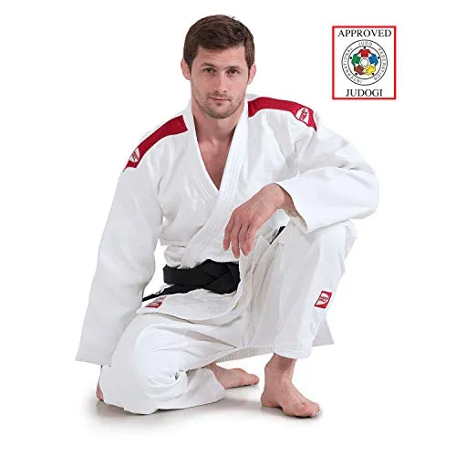 GREEN HILL JUDOGI Professional IJF Approved Judo Bianco Blu GI White Kimono Unisex (Banda sulle Spalle Rossa, 180 Slim Fit)