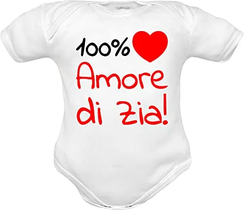 body neonato manica corta frase 100% amore di zia e cuore rosso - idea regalo divertente nascita nipote (body Zia bianco mm, 0-3 mesi)