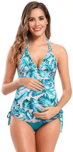 SHEKINI Premaman Costume da Bagno Donna Due Pezzi maternità Elegante Stampati Ruched Halter Regolabile Bikini Incinta Tankini Due Pezzi Triangolo Fondo Bikini da Spiaggia (XL, Verde Scuro)