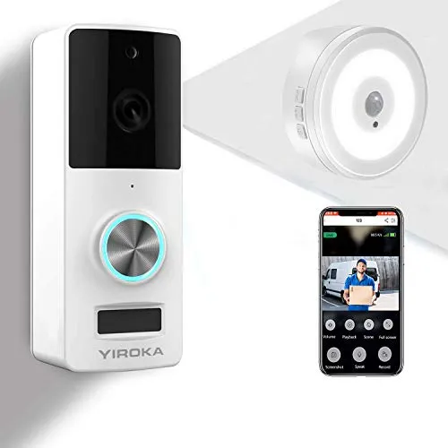 YIROKA Videocitofono WiFi di Sicurezza, Campanello per Videocamera Batteria Senza Filli 1080P HD, Audio a 2 Vie, Impermeabile IP65, Rilevamento PIR, Grandangolo 166°, con Ricevitore per Luce Notturna