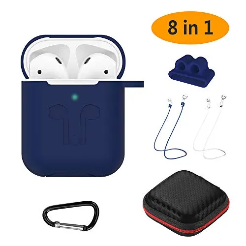 GeeRic Custodia Compatibile per AirPods 2 2019,(LED Visibile) 8PCS Accessori Set Case Protective Silicone Auricolari Cover Compatibile per AirPods 2 Apple Leggero Impermeabile Buono Regelo Blu Scuro