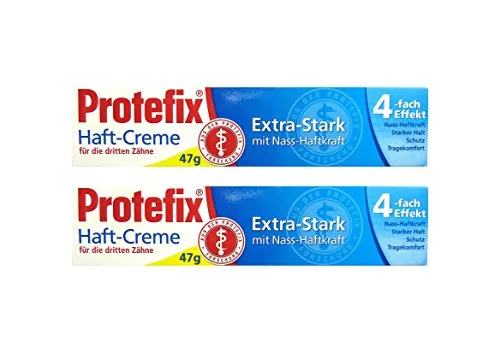 Protefix - 2 confezioni di pasta adesiva per dentiera, extra forte, con forza adesiva sul bagnato, 47 g (etichetta in lingua italiana non garantita)