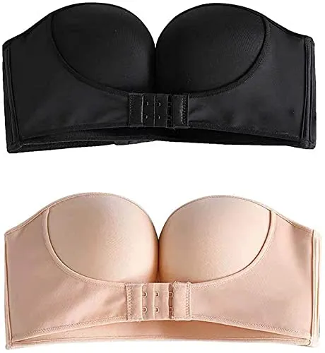 JGHGO Strapless Front Buckle Lift Bra Push Up for Women, Strapless Wireless, Wireless Sexy Anti-Slip Invisible Lift Bras for Women Push Up Front Closure (38AB,Black+Beige)