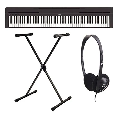 Yamaha P-45B - Pianoforte digitale, include cavalletto e cuffie (88 tasti, numero massimo di polifonia: 64 voci, 10 preset, 4 effetti di riverbero, 2 altoparlanti da 6 watt, auto power off, cavalletto incluso), colore: nero