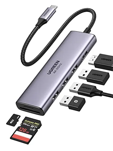 UGREEN Hub USB C 6 In 1, 4K @60 Hz con HDMI, Lettore di Schede SD/TF, 3 Porte USB 3.0, Compatibile con MacBook Pro 2021, MacBook Air, iPad Pro 2021, Surface Pro 7 e Altri Dispositivi USB C