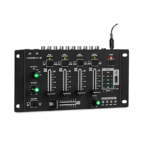 resident dj Amnesia - Mixer a 4 Canali, Mixer, Bluetooth, Porta USB Compatibile con MP3, Volume Microfono e Cuffie Regolabile in Continuo, Jack Microfono 2 x 6,3 mm, Telaio in Metallo, Nero