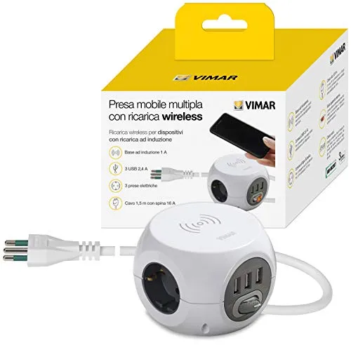 Vimar 00445.CC.B Multipresa cavo da 1,5 m, 3 uscite Schuko con protezione Sicury, 3 uscite USB, caricatore wireless a induzione, interruttore luminoso, spina 2P+T 16 A standard italiano (spina grande)