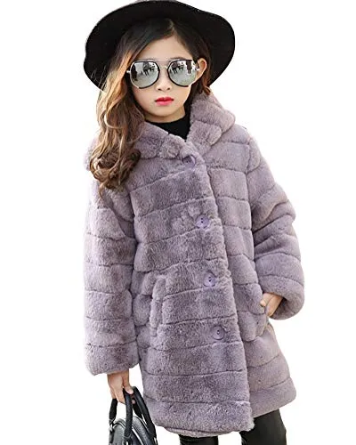 Suncaya Cappotti da Bambina Ragazza Cappotto con Cappuccio Caldo Pelliccia Faux Cappotto Giacche Grigio 160