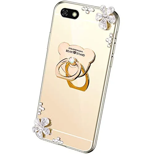 QPOLLY Cover Specchio Compatibile con Huawei Y5 2018 con Anello, Brillantini Bling Glitter Fiori Strass Diamante Design Slim Morbido Silicone TPU Gel Gomma Bumper Protettiva Custodia,Oro