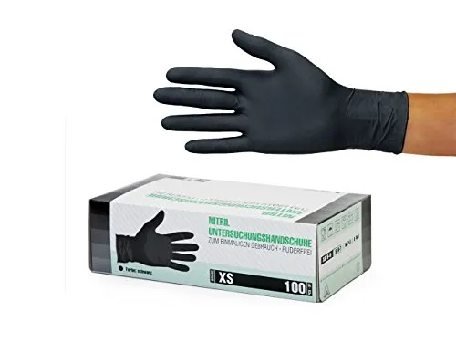 Guanti in Nitrile, 1000 pezzi 10 scatole (XS, Nero), guanti da visita monouso, senza polvere e lattice, non sterile, guanti per la pulizia, cucina sanitaria, tatuaggio, medico, manipolazione degli ali