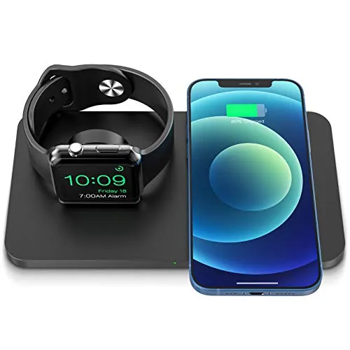 iSeneo Caricatore Wireless 2 in 1, Caricatore Senza Fili per iWatch 6/SE/5/4/3/2/1 e AirPods 2/Pro Ricarica Rapida Wireless da 7.5W per iPhone 12/11/X/8/Galaxy(Senza Adattatore e Cavo iWatch), Nero