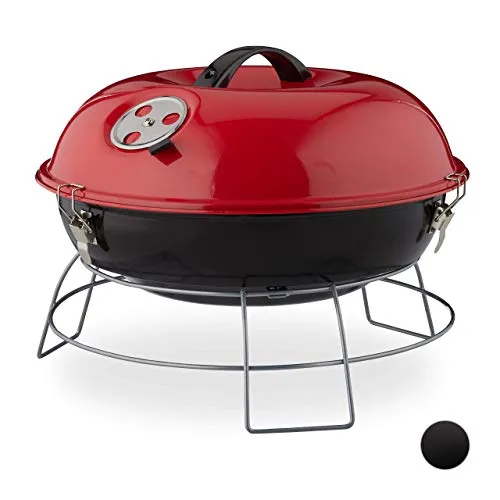 Relaxdays Barbecue a Sfera, Portatile, con Coperchio, Ampia Superficie di Cottura, Carbonella in Legno, Ø36cm, Rosso