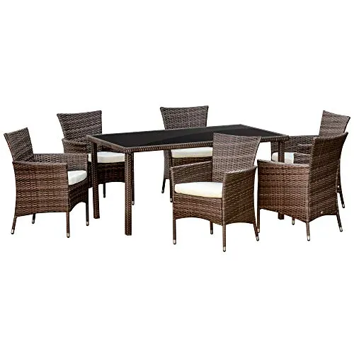 Outsunny Set Mobili da Esterno con 1 Tavolo e 6 Sedie da Giardino con Cuscini, Rattan PE e Metallo Zincato, Marrone