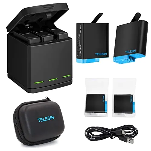 TELESIN Caricabatteria triplo per ricarica Caricabatteria + 3 pacco batteria, 1 custodia per batteria, mini borsa fotografica, 6 in 1 Kit accessori per GoPro Hero 8/7/6/5