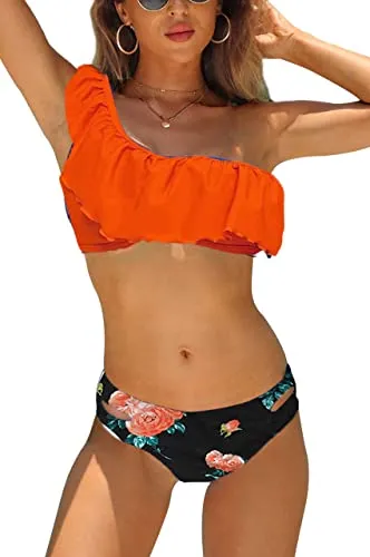 JFAN Costume da Bagno Donna Una Spalla Vita Bassa Bikini Sexy Due Pezzi Increspatura Asimmetrica Costume da Bagno Fiori D'arancio L