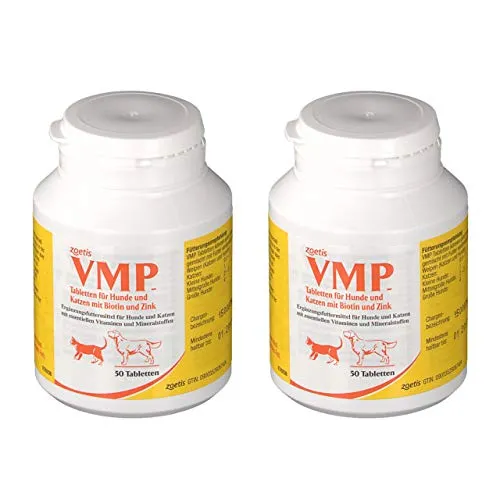 VMP Compresse per cani e gatti, 2x barattoli da 50 compresse, alto contenuto di biotina e zinco, per pelle, pelliccia, struttura ossea, stress