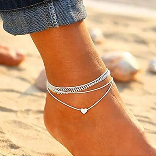 Jovono Boemia semplice bracciali argento cavigliere Ciondolo cuore multistrato cavigliera catena piede catena per donne e ragazze (argento)