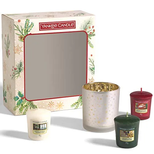 Yankee Candle confezione regalo | Candele profumate natalizie | 3 candele sampler e 1 porta candela sampler | Collezione Magical Christmas Morning