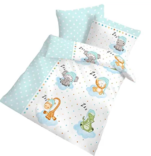 'Flanella Baby biancheria da letto per bambini "Sleeping Zoo Stars animali & Stelle in Mint, Blu, Verde – dimensioni 40 X 60 + 100 x 135 cm – Prodotto in Germania