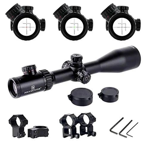 FOCUHUNTER Ottica Cannocchiale Caccia 4-24x50mm Cannocchiale Carabina Illuminato Reticolo Rosso/Verde Telemetro Rapido Airsoft Mirino con Weaver/Picatinny Rail Mounts (ManopolaAlta)